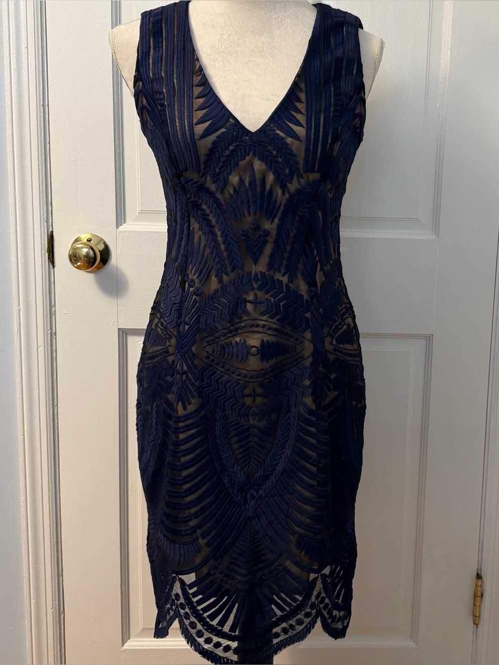 Bardot “Alice” Elegant Sleeveless Navy Blue Lace Overlay Sheath Dress, Size M